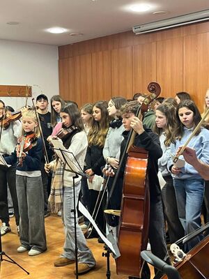 Eine Gruppe von Schülerinnen und Schülern steht auf einer Bühne mit Geigen und Kontrabassen und spielt Weihnachtslieder.